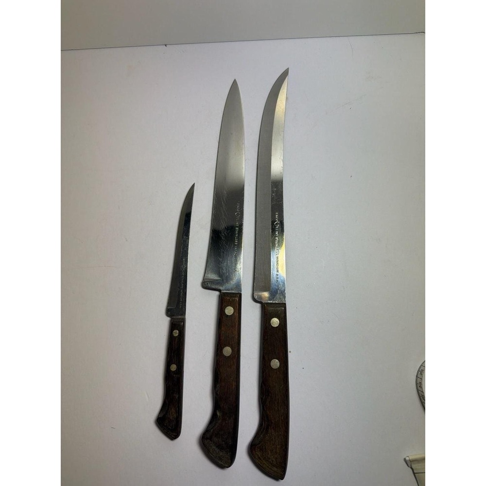 Vintage Ekco Flint Stainless Vanadium Knife Set of 3 Wood Handle USA